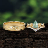 Nature-Inspired Pear-Cut Natural Moss Agate Couple's Engagement Ring Set